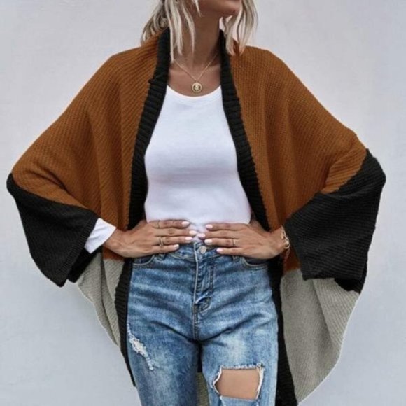 Brown ColorBlock Batwing cardigan - Picture 4 of 6